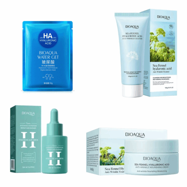 KIT FACIAL HINOJO MARINO Y ÁCIDO HIALURONICO BIOAQUA 4 PRODUCTOS